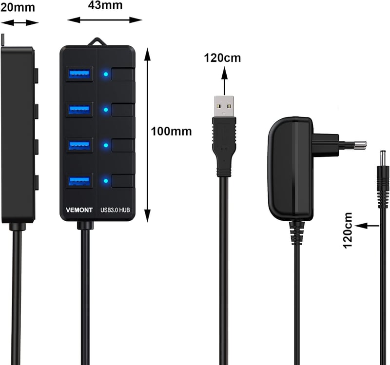 VEMONT USB 3.0 Hub 4 Port Aktív Adapter Tápegységgel és Kapcsolóval