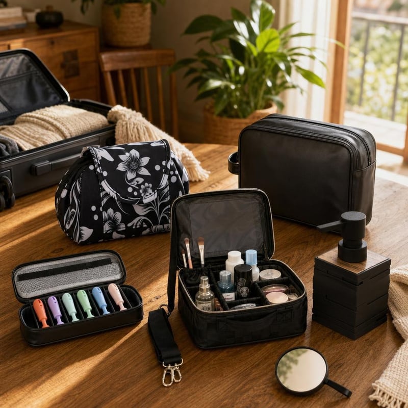 Putni set za kozmetiku: 3x kozmetička torbica + etui za četkice + dozator sapuna + ogledalo