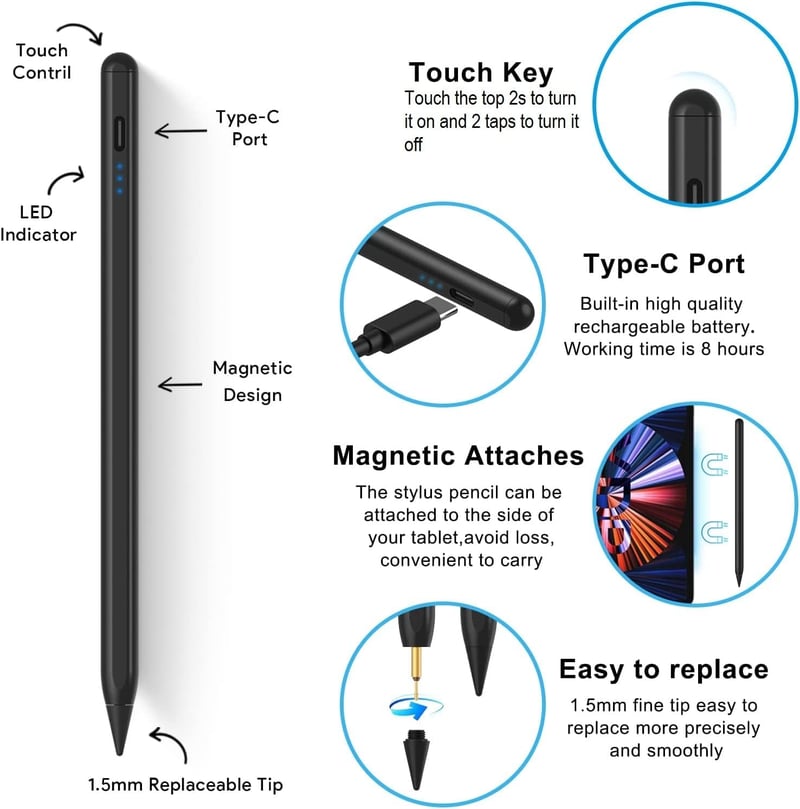 Apple iPad Érintőceruza - Kompatibilis 10-6. Generációs iPad, Air és Pro Modellekhez, Tenyértámasz Funkcióval, 5 Cserélhető Heggyel