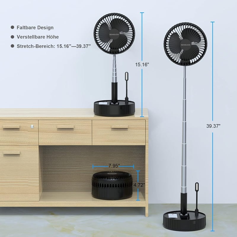 BENGUOO Hordozható USB Asztali Ventilátor - 10000mAh Akkus, Oszcilláló, Távirányítós, Fekete