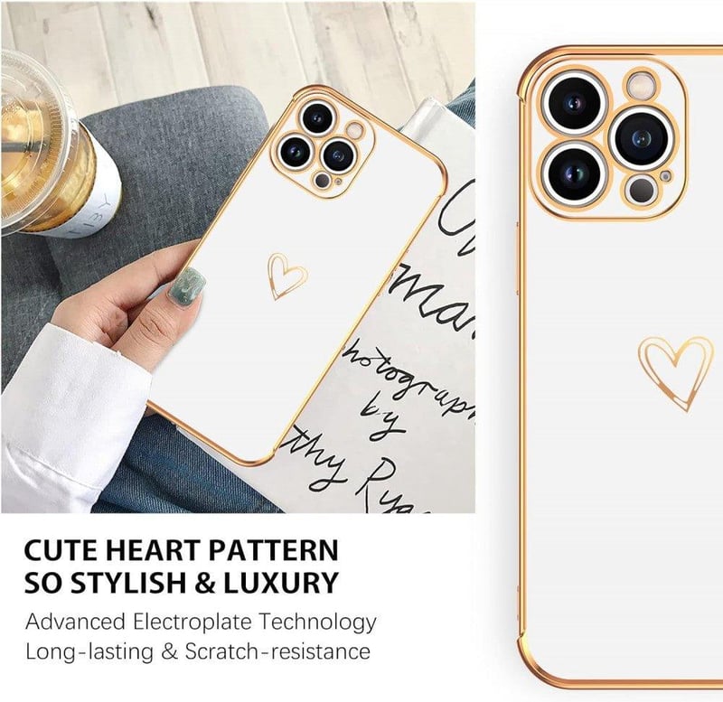 iPhone 13 Pro Max Fehér-Rosegold Szívecskés Ütésálló Szilikon Tok