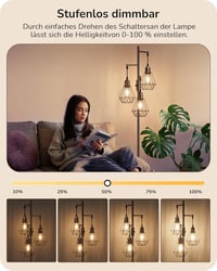 EDISHINE Retro Állólámpa - 166 cm Magas Ipari Fém Padlólámpa 3 Izzóval, Szabályozható Fényerő, 2700K Meleg Fény, Barna 2