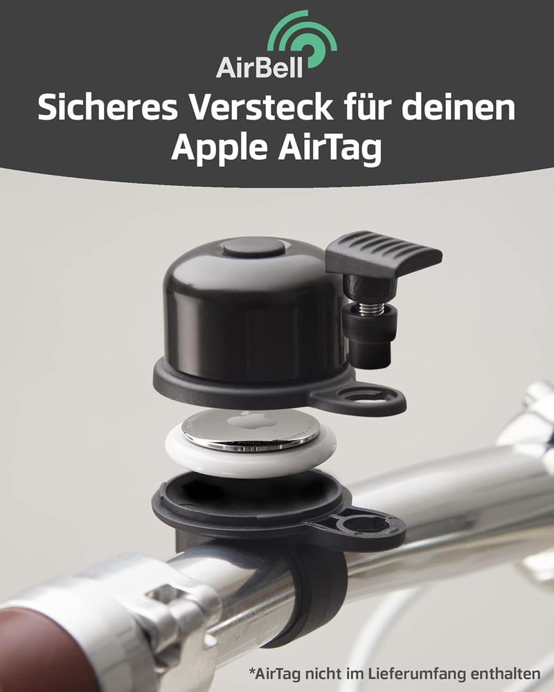 AirBell Kerékpárcsengő Apple AirTag Rejtekhellyel - Lopásgátló Eszköz Biciklihez, E-rollerhez - Fekete, 22,2 mm - Szerszámokkal