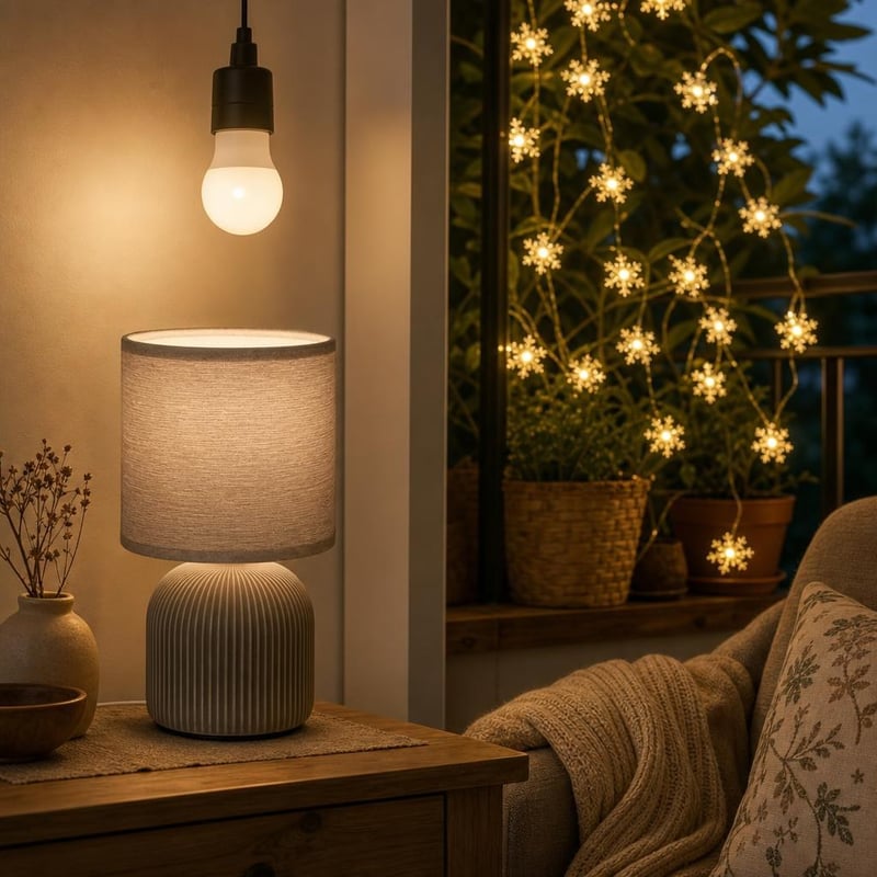 Večernji ugođaj: 1x E27 LED žarulja + 6m svjetlosni niz pahuljice + stolna lampa sa sjenilom