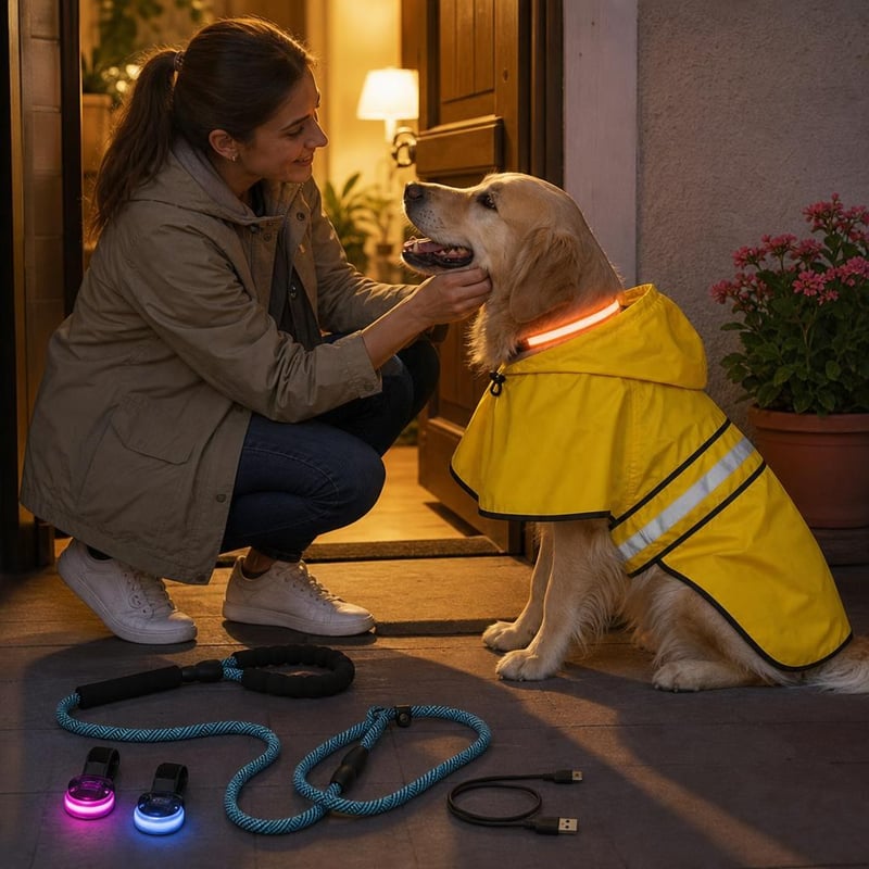 Sigurne večernje šetnje: L kabanica + LED ogrlica + reflektirajuća povodac + 2x svjetlo + USB kabel
