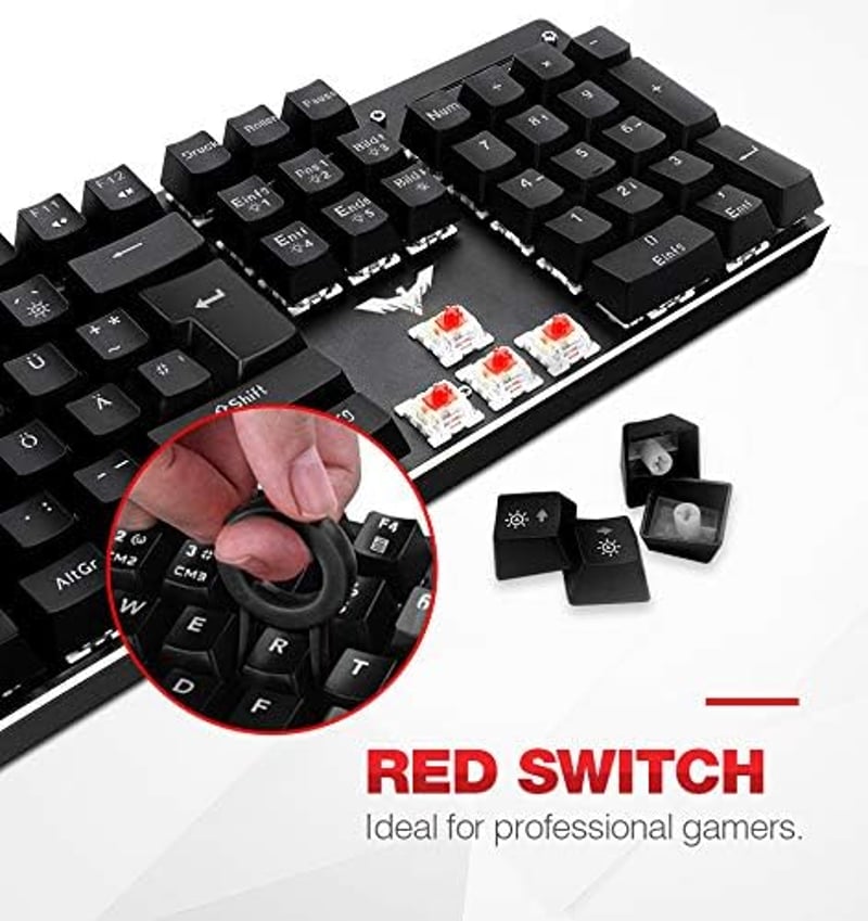 Havit mechanikus gamer billentyűzet, QWERTZ, piros kapcsolók, LED világítás