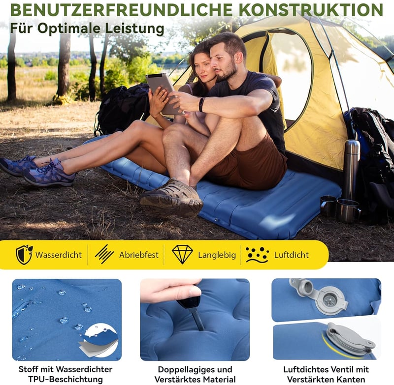 HIKENTURE Önfelfújó Kempingmatrac 13 cm Vastag, Párnával és Lábpumpával - Ultrakönnyű Túramatrac Kempingezéshez, Kiránduláshoz, 200x66 cm