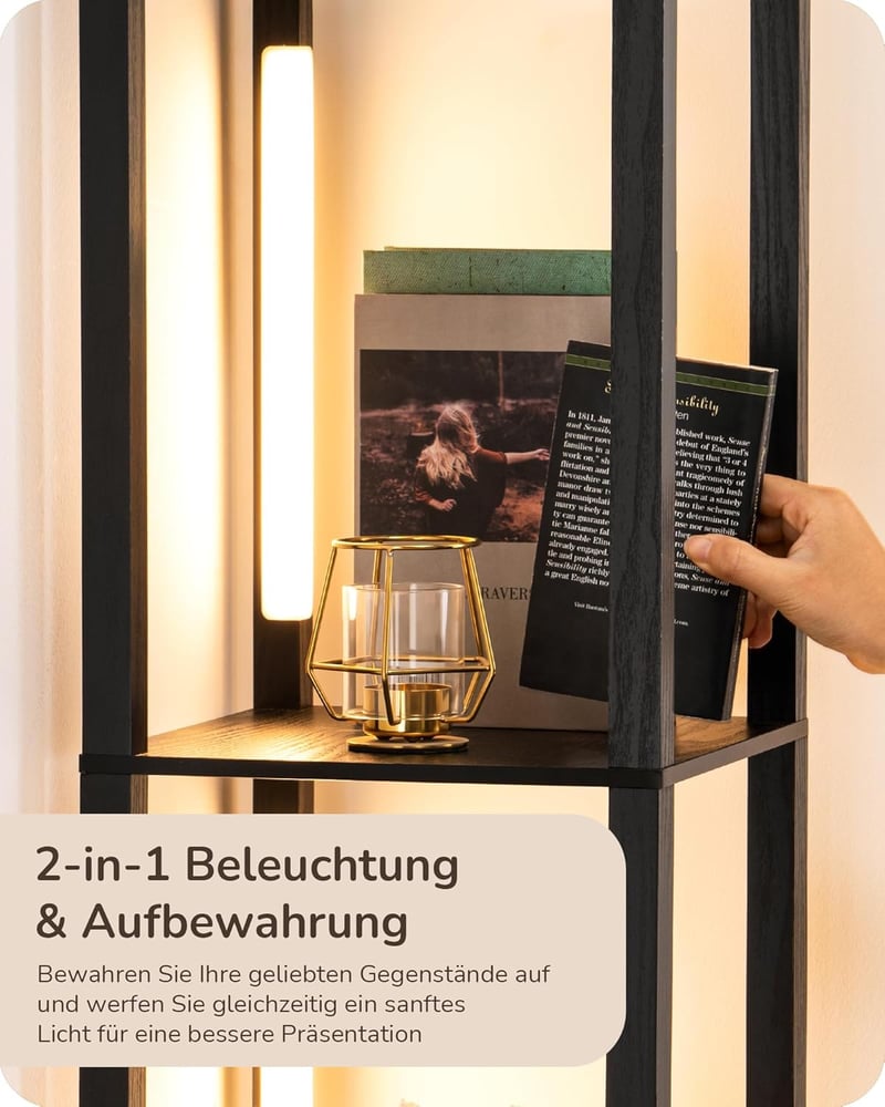 EDISHINE Állólámpa Polcokkal - 3 Színhőmérsékletű Dimmelhető LED, 20W, 1530 Lumen, 163cm Sarokpolc 360° Forgatható Világítással, Lábkapcsoló