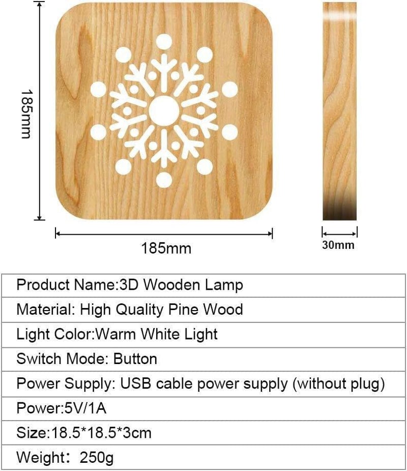 Újracsomagolt 3D LED Hópehely Éjjeli Lámpa - USB Tölthető Fa Dekoráció