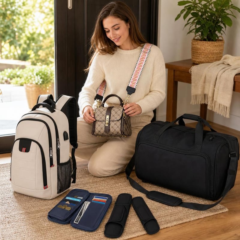 Vállmentő útikészlet: állítható táskapánt + vállpárna + 17,3" laptop hátizsák + 30 L utazótáska + RFID pénzöv