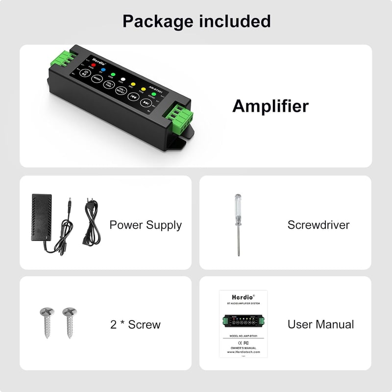 Herdio 4 Csatornás Bluetooth 5.0 Erősítő 200W Teljesítménnyel - Fali Hangrendszer USB/MIC/AUX/TWS Csatlakozással Otthoni és Mennyezeti Hangs