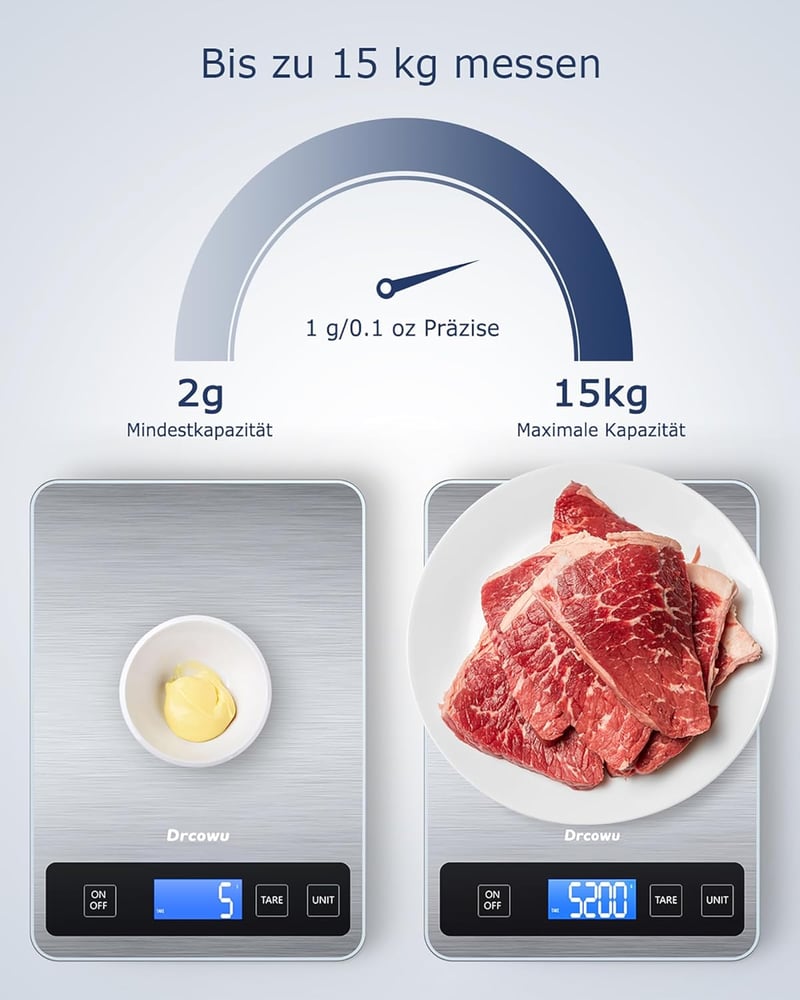 Drcowu Digitális Konyhai Mérleg 15kg - Vízálló LCD Kijelzős Ételmérleg 1g Pontossággal, Rozsdamentes Acél, Érintőgombos Tára Funkcióval