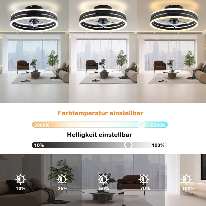 Revneey Mennyezeti Ventilátor Lámpával 50W - Fekete 40cm LED Lámpa Távirányítóval és Applikációval, 6 Sebességű Hálószobai Nappaliba Időzítő