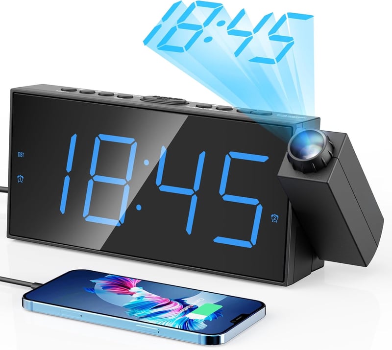 Mesqool Vetítős Ébresztőóra 7" Kijelzővel - Fényerőszabályzós, Dupla Ébresztés, USB Töltő, Állítható Hangerő, Szundi Funkció, Falra/Plafonra