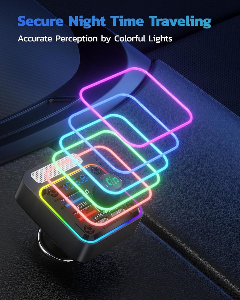 Nulaxy 54W Bluetooth 5.3 FM Transzmitter Autóba - 4 Töltőporttal (PD 36W & QC3.0 18W), 5 Színű LED Háttérvilágítás, Mélyhangzású Lejátszó, K