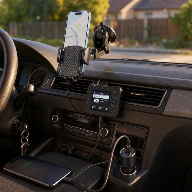Autový set pre hudbu a nabíjanie: držiak + 42W nabíjačka + kábel + Bluetooth FM adaptér