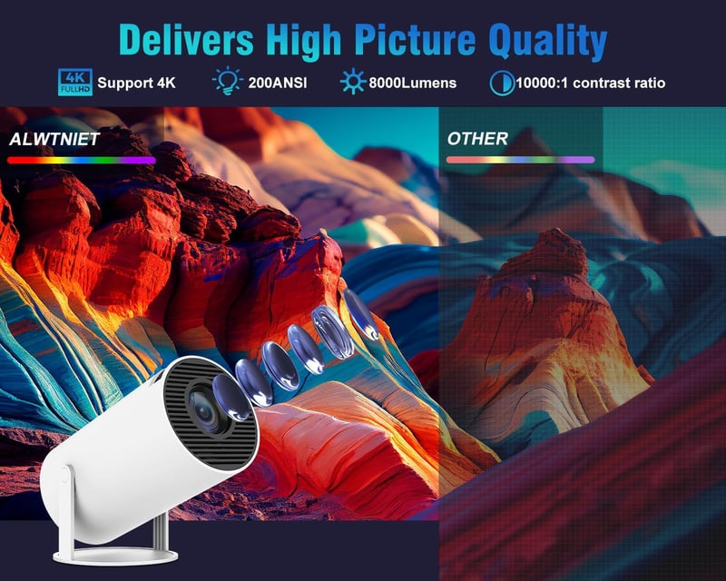 Alwtniet 4K Hordozható Mini Projektor Android 11 - 200 ANSI Lumen, 5G WiFi 6, Bluetooth 5.0, 180° Forgatható, Automatikus Trapézkorrekció, F