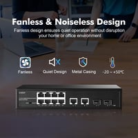 YuLinca 12 portos Gigabit PoE switch, 8 PoE+ port, 2 uplink, 2 SFP, 120W, ventilátor nélküli 6