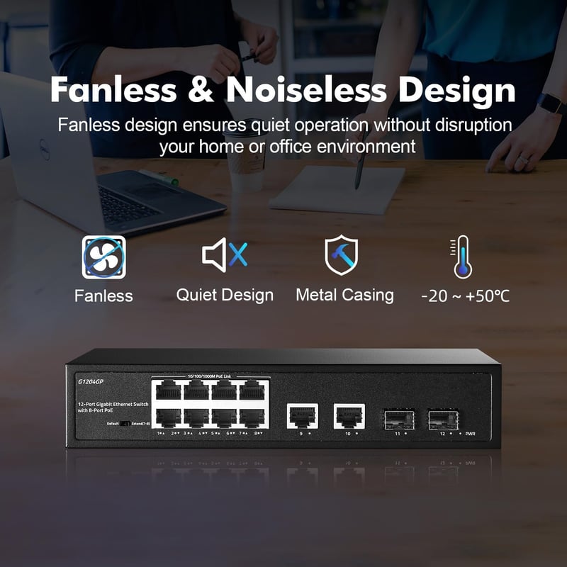 YuLinca 12 portos Gigabit PoE switch, 8 PoE+ port, 2 uplink, 2 SFP, 120W, ventilátor nélküli