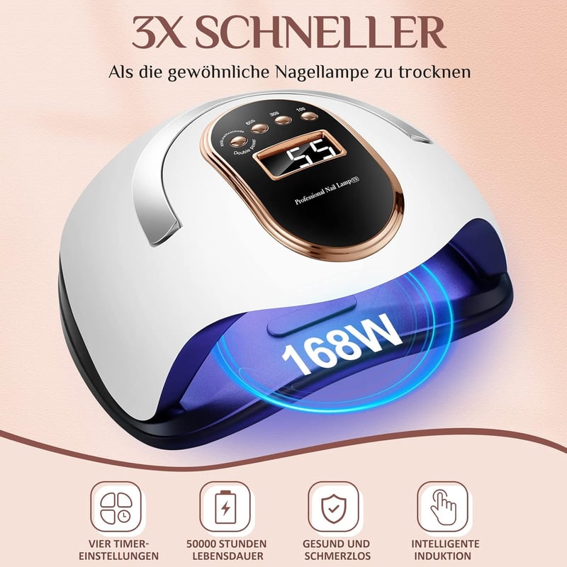 NAXBEY 168W UV/LED Műköröm Lámpa Szenzorral, 4 Időzítővel és 7 Részes Manikűr Készlettel - Gyors Szárítás, Hordozható Fogantyú, Kezdőknek és