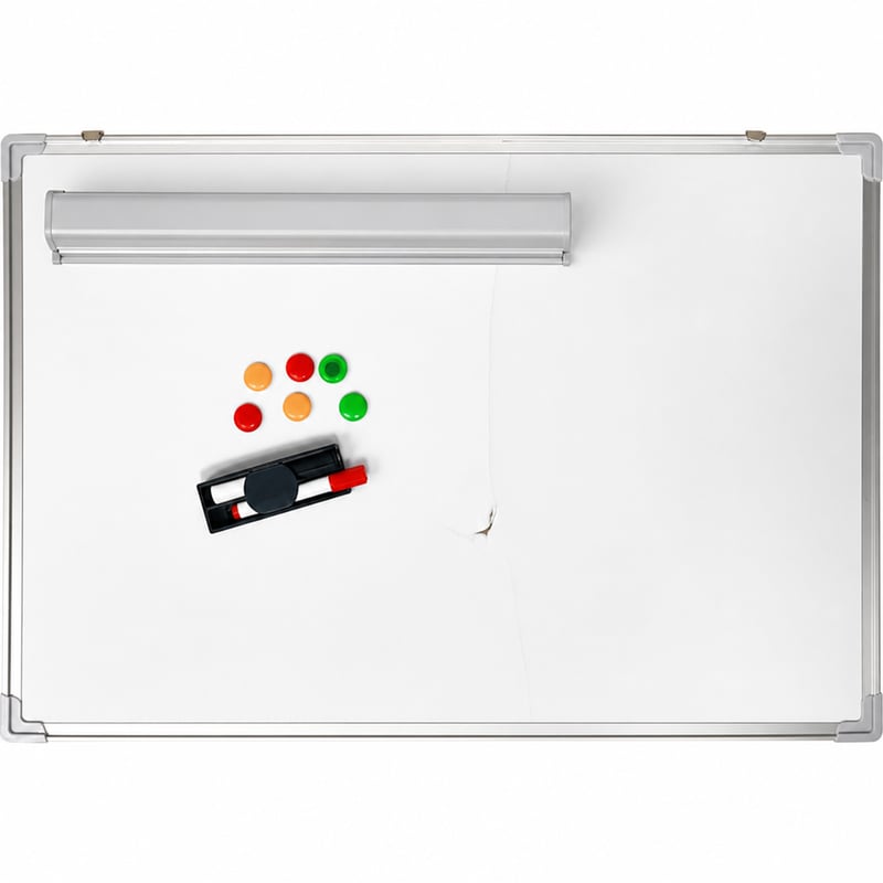 Tablă albă magnetică DOHE 90x60 cm cu ramă din aluminiu, 2 markere, 6 — defectă, funcționează parțial: crăpătură în față și o dungă (stare: vezi imaginea a 2-a)