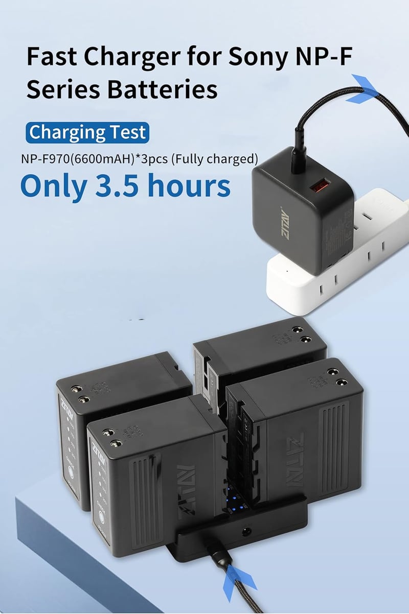 ZITAY 4-csatornás NP-F Akkumulátor Töltő - USB-C PD Gyorstöltés, Sony NP-F550/F750/F770/F970 Kompatibilis, 65W Hálózati Adapterrel