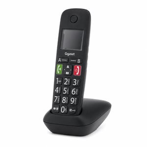 Bezdrôtový telefón pre seniorov Gigaset E290 s veľkými tlačidlami, čierny — chybný — chybný, na náhradné diely: chybný napájací zdroj (stav: pozri 2. obrázok)