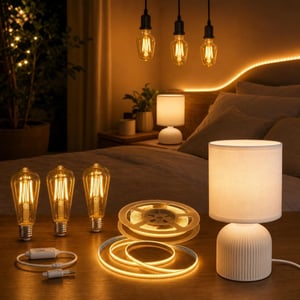 Čarolija svjetla u spavaćoj sobi: 3x E27 LED žarulja + 5m LED traka + stolna lampa s tekstilnim sjenilom