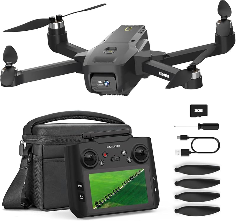 karuisrc K600 GPS Drón 1080P Kamerával, Beépített HD Kijelzős Távirányítóval, Összecsukható, Szélálló, SD Kártyával és Hordtáskával, Kezdőkn