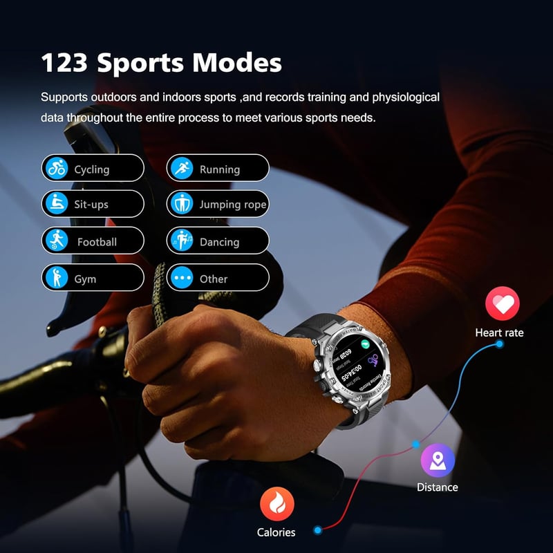Férfi okosóra telefonos funkcióval, 1,5" HD kijelző, 15 napos akku, 123 sportmód, IP68 vízálló, taktikai sportóra iOS/Android-hoz