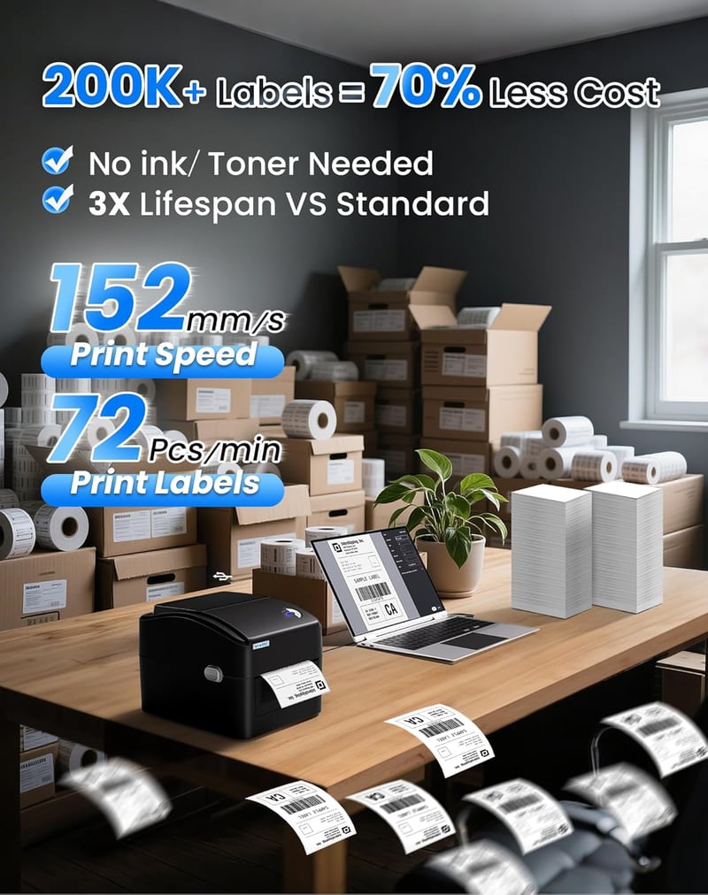 vretti USB Címkenyomtató XXL Papírtálcával - DHL Szállítási Címkékhez, Windows/Mac/ChromeOS/Linux Kompatibilis, 99,99% Vonalkód Olvasási Ará - black, USB