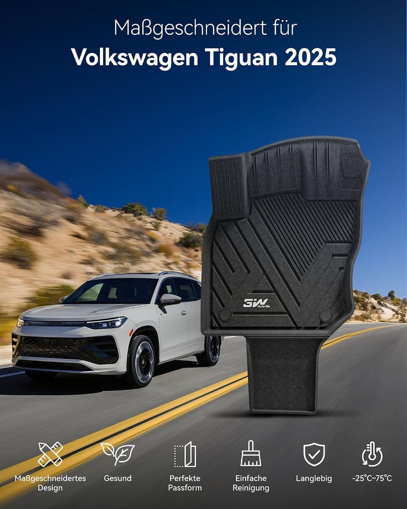 3W fekete gumiszőnyeg szett és csomagtérbetét VW Tiguan 3 2025-2026, vízálló csúszás