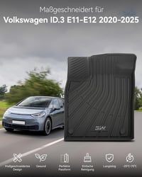 3W Volkswagen ID.3 E11-E12 2020-2026 gumiszőnyeg szett 1-2 sor + csomagtértálca, fekete, időjárásálló betétek 2