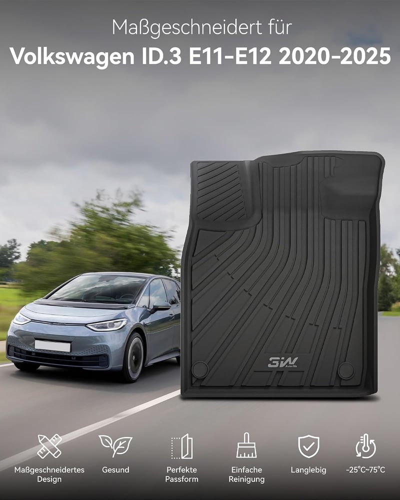 3W Volkswagen ID.3 E11-E12 2020-2026 gumiszőnyeg szett 1-2 sor + csomagtértálca, fekete, időjárásálló betétek