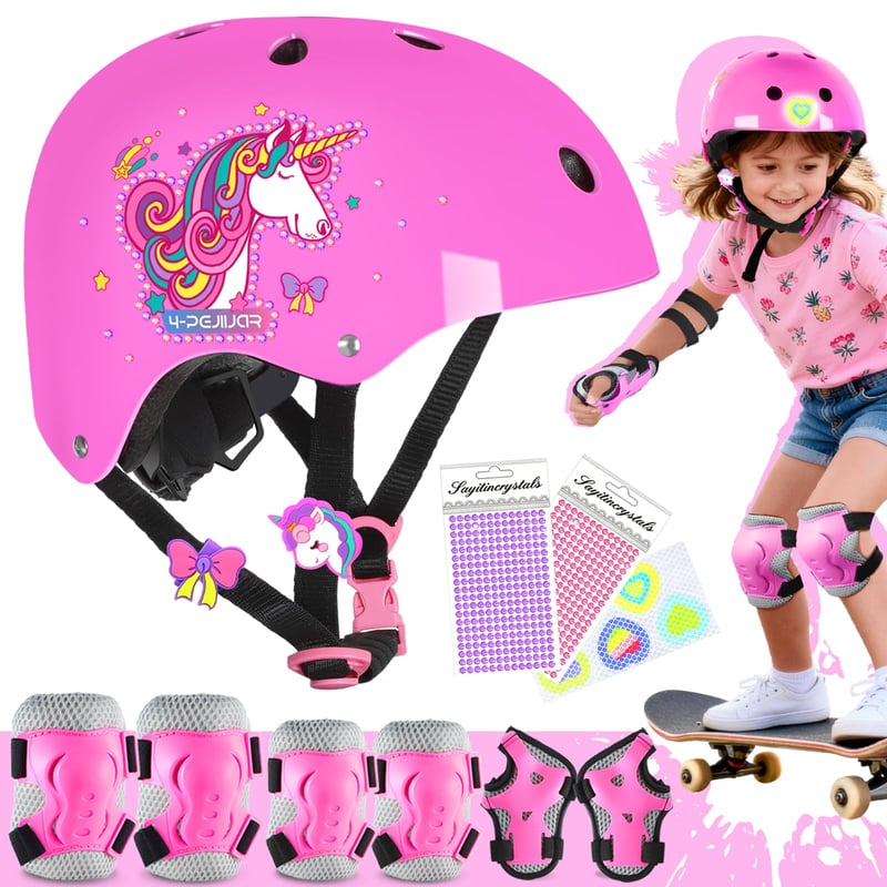 Set de protecție pentru copii cu unicorn, 4 piese – Genunchiere și cotiere pentru fete, pentru role, bicicletă, skateboard, cu geantă de transport