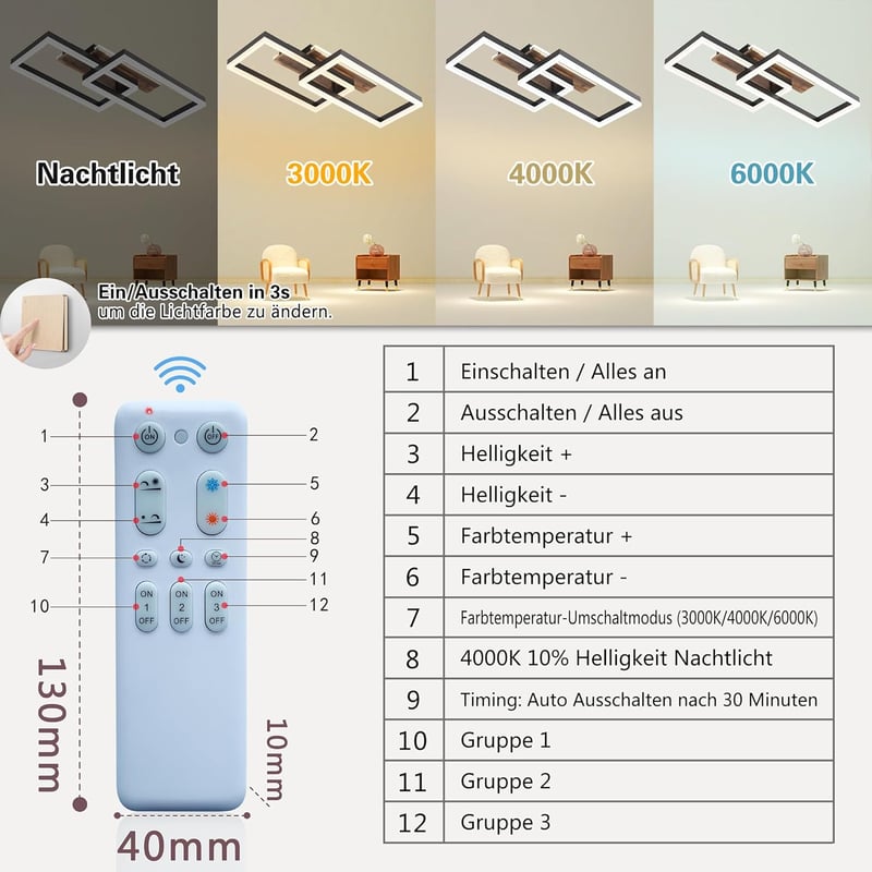 SEATAIN Fa Mennyezeti Lámpa - Fekete Téglalap 48W LED, Távirányítós, Fényerőszabályozható, 3000K-6000K, 4800lm, Éjszakai Fény Funkcióval