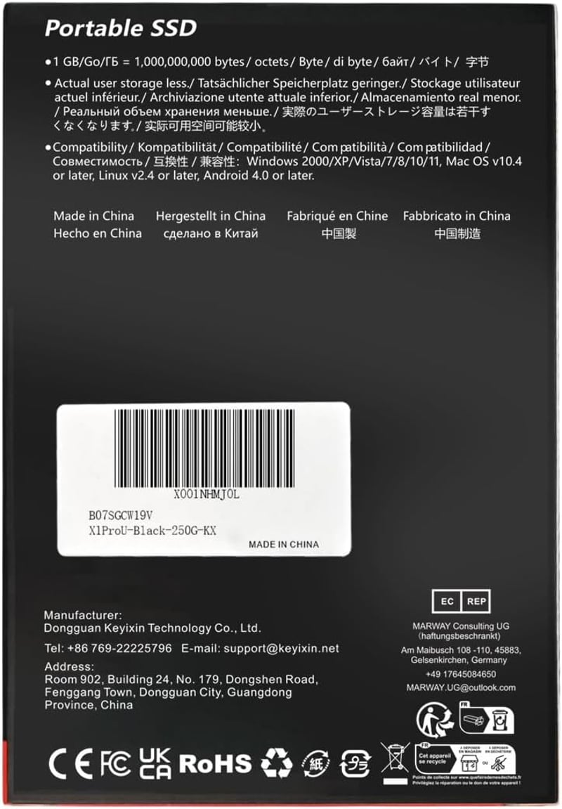 KEXIN 250GB Hordozható Külső SSD - USB 3.0, Alumínium, Fekete