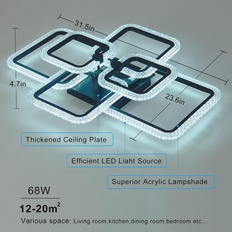 HiHiHomy LED Mennyezeti Lámpa - 6 Négyzetes Keret, Távirányítós, Szabályozható Fényerő, 3000K-6500K, Fekete, Modern Kristály Dizájn, 3000 Lu