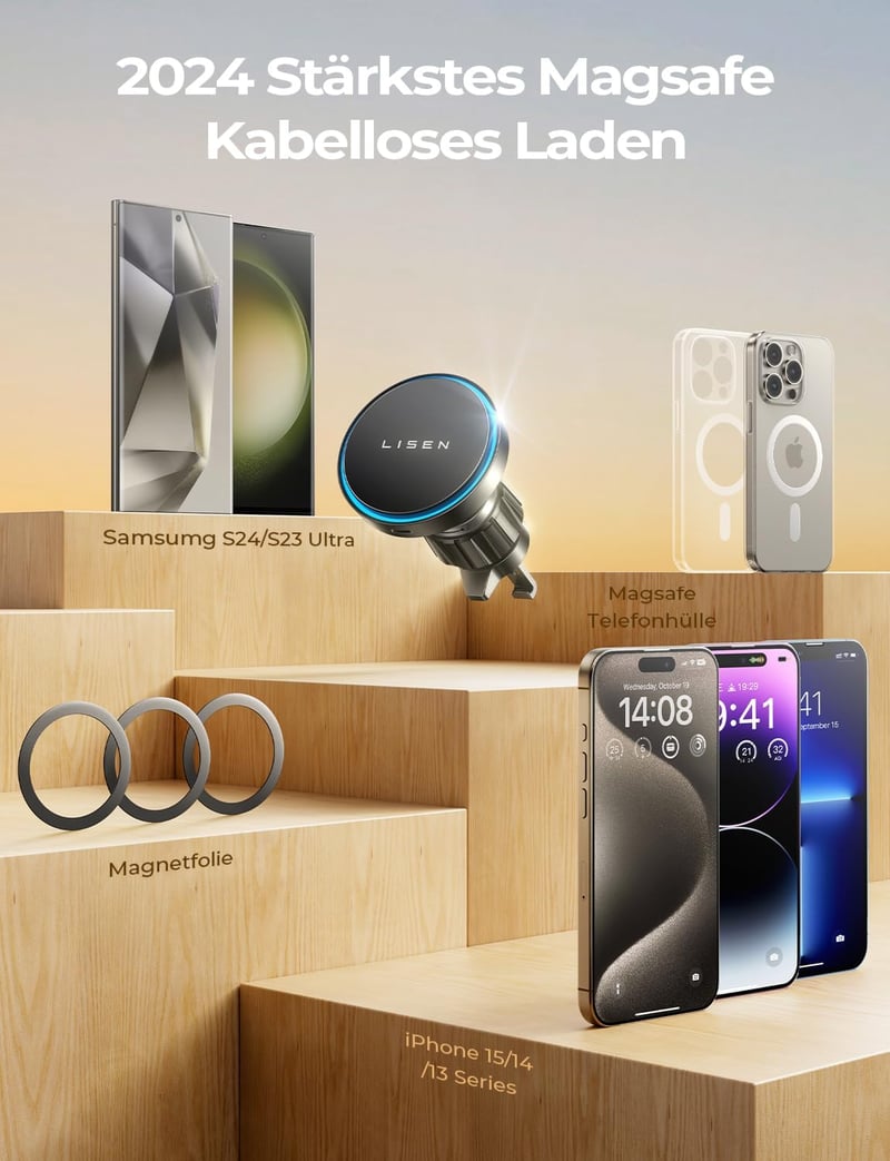 LISEN 15W MagSafe autós telefontartó és töltő iPhone 15/14, Samsung S24 készülékekhez