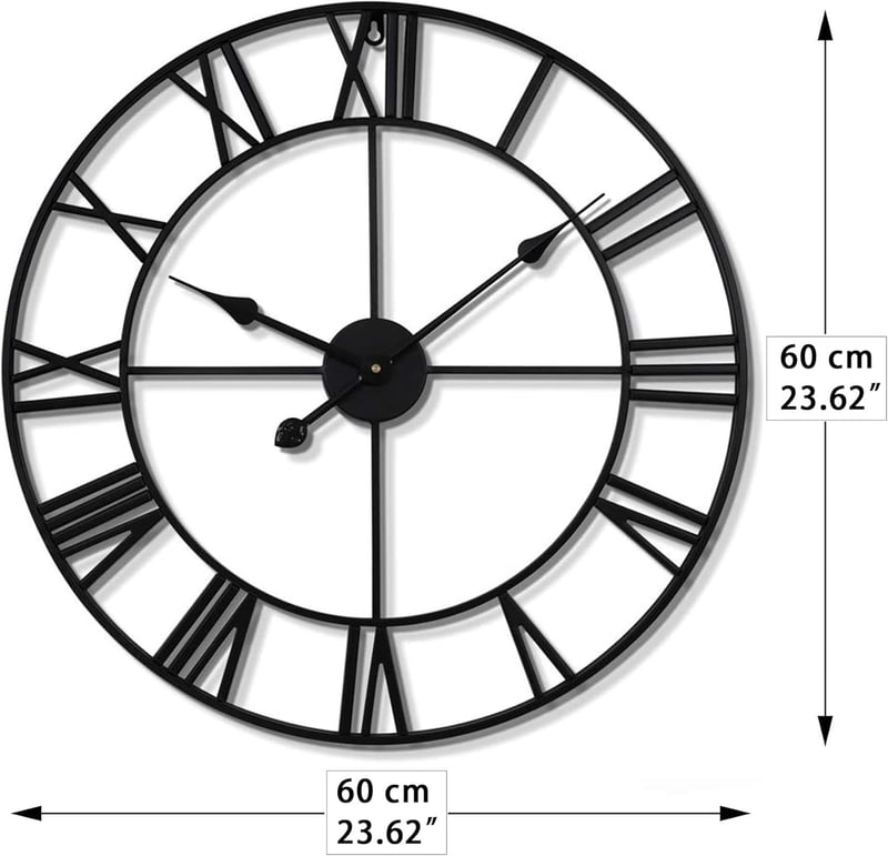 HAITANG Nagyméretű Vintage Fém Falióra - Fekete, Hangtalan, Római Számokkal, 60 cm - Elegáns Dekoráció Nappaliba, Hálószobába, Konyháb