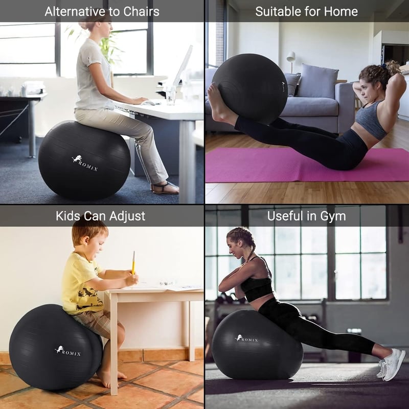 ROMIX Fitness labda 55-75cm - Fekete, pumpával, jógához, pilateshez, terhességhez