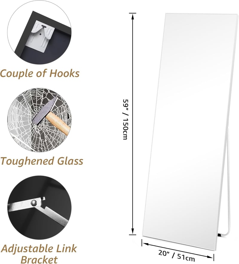 Vasemouh 150x51 cm Álló Tükör Fehér PVC Kerettel - Edzett Üveg Teljes Alakos Tükör Hálószobába, Nappaliba, Előszobába vagy Fürdőszobába