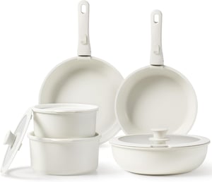 CAROTE 11-dijelni set posuđa s odvojivim ručkama, neprianjajućim premazom, za indukcijske ploče za kuhanje, pećnicu - bijele aluminijske tave i drvo