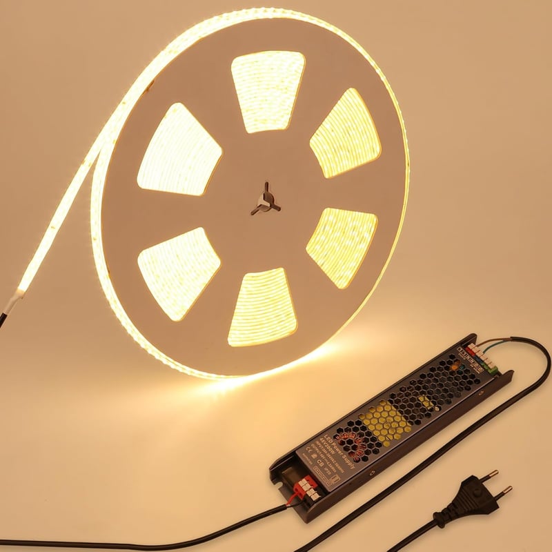 BENLUN 48V LED Szalag 20m - 3000K Meleg Fehér IP65 Vízálló Kültéri-Beltéri Világítás, 150W Öntapadós Vágható Szalag Tápegységgel, 15000lm