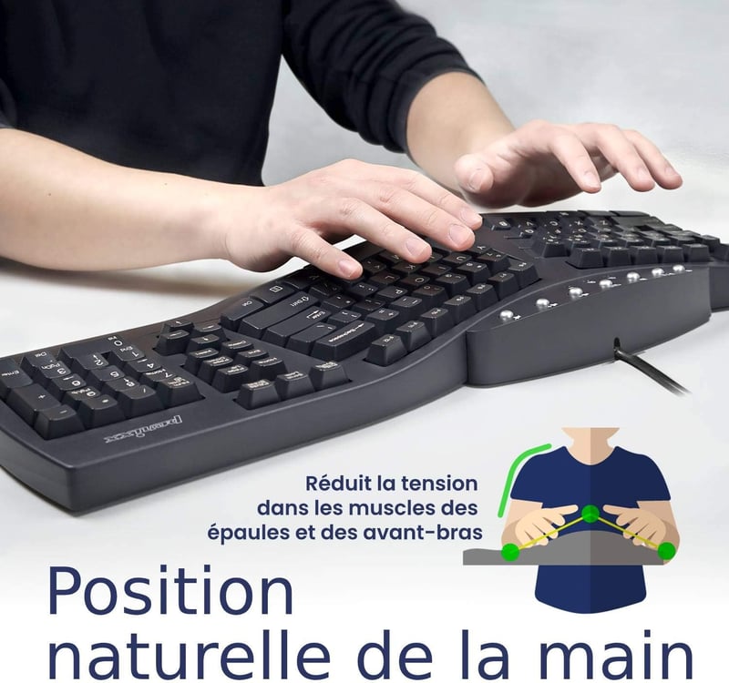 Perixx PERIBOARD-512 Nagy Méretű Ergonomikus Vezetékes USB Billentyűzet Windows Rendszerhez - Fekete, AZERTY, 7 Multimédia Gombbal