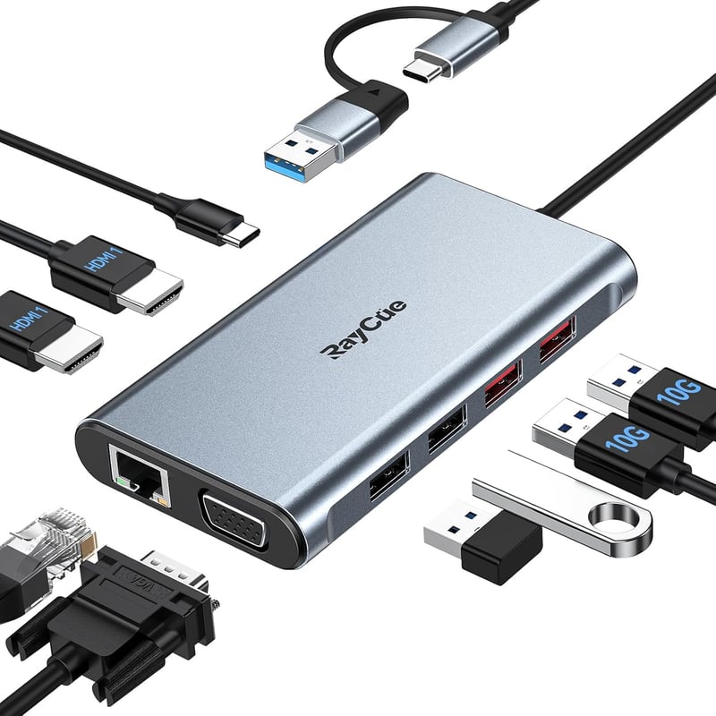 RayCue 9 az 1-ben USB-C/USB-A Dokkoló, Kettős/Hármas Monitor Támogatással, 2 HDMI, VGA, 10Gbps USB 3.1, Gigabit Ethernet, MacBook és Windows