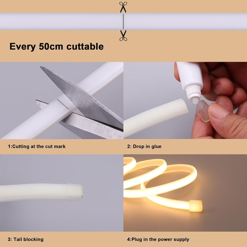 BENLUN 20m IP65 Vízálló COB LED Szalag 3000K Meleg Fehér - Kültéri Flexibilis Vágható 220V Világítás EU Csatlakozóval, Építkezéshez, Hálószo