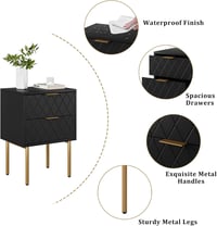 HEYZOEY Éjjeliszekrény 2 fiókkal, modern boho stílusú, fekete-arany 8
