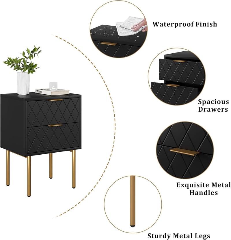 HEYZOEY Éjjeliszekrény 2 fiókkal, modern boho stílusú, fekete-arany