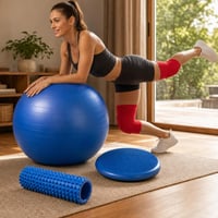 Set fitness acasă: minge gimnastică 85 cm + rolă masaj cu țepi + 2 genunchiere compresie 1